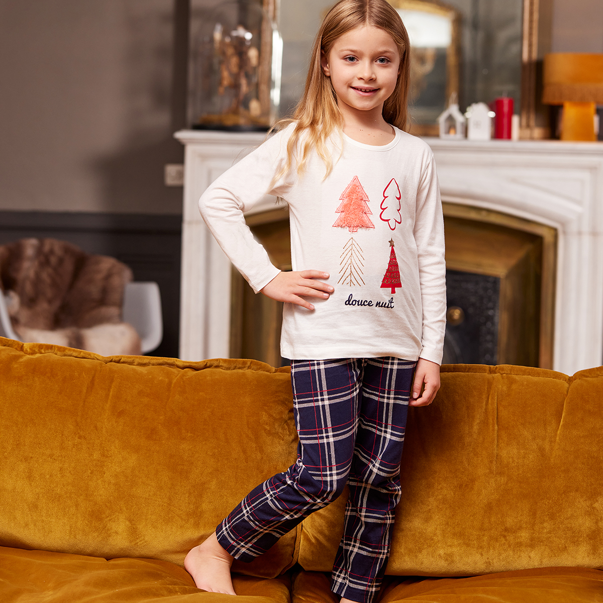 Pyjama fille MATIN DE NOËL écru/marine