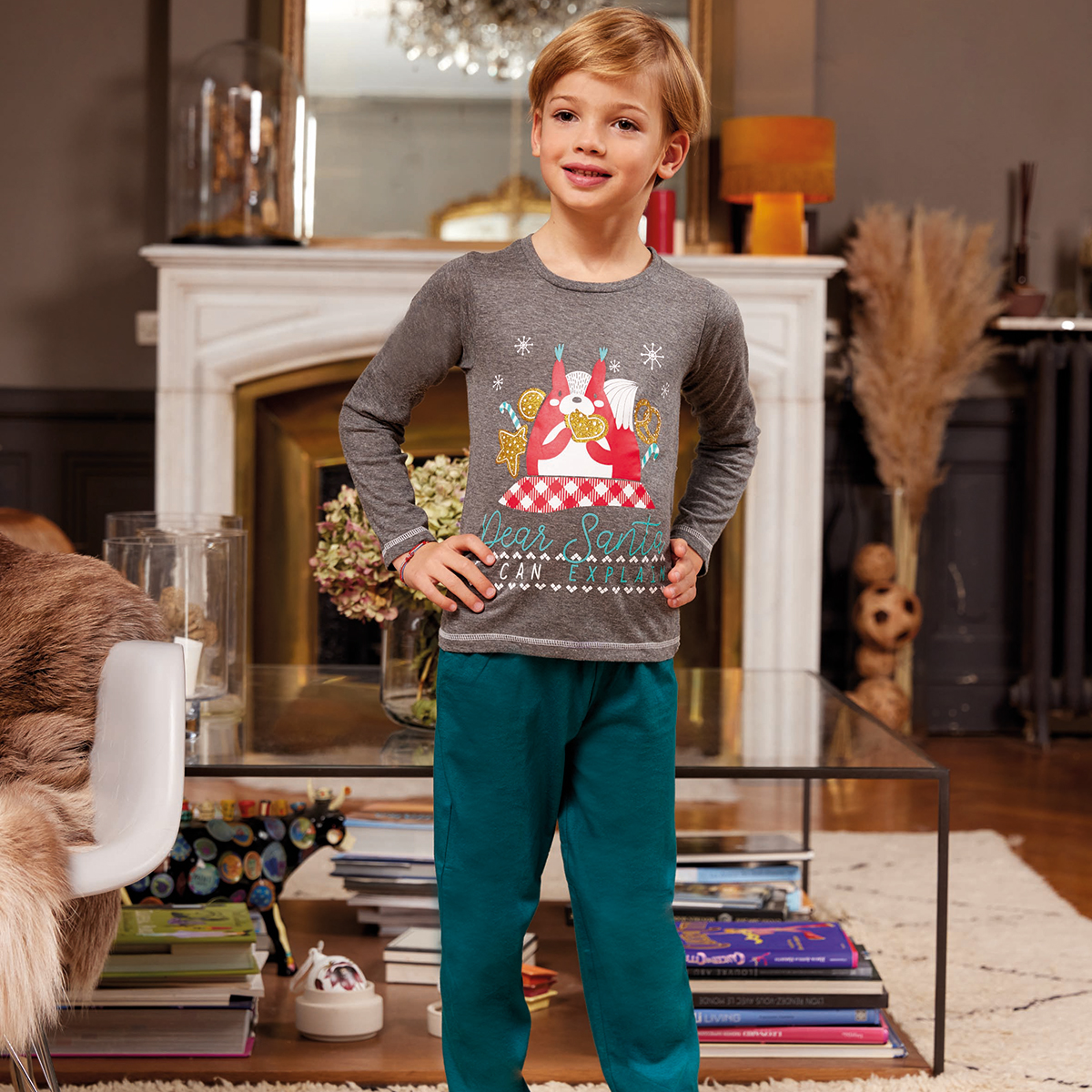 Pyjama garçon NOËL EN FAMILLE anthracite chiné/vert