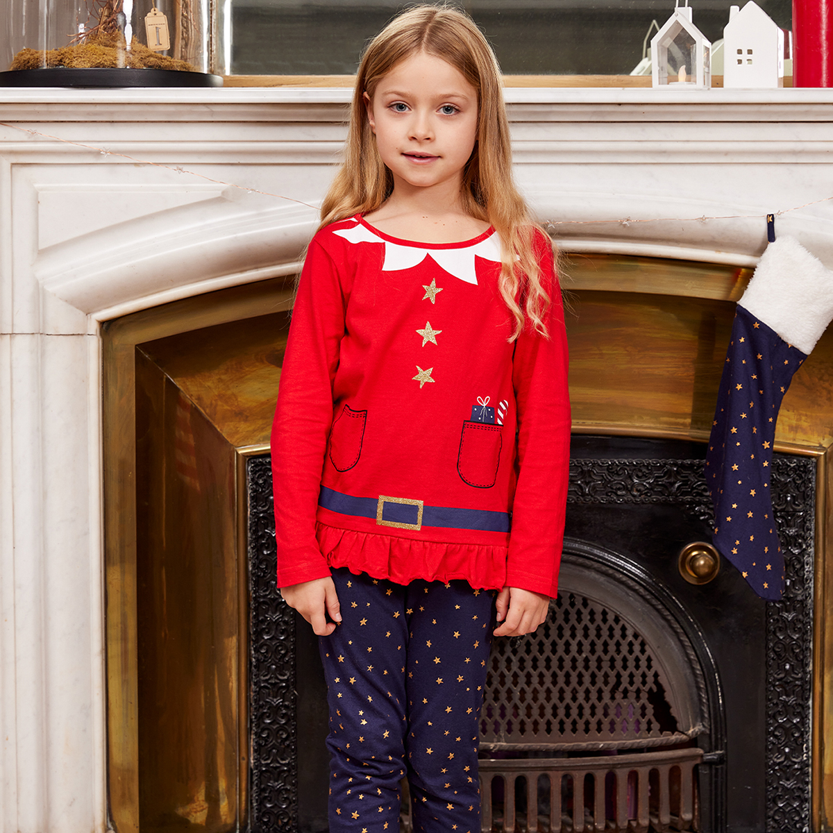 Pyjama et chaussette fille NOËL rouge/marine imprimé 