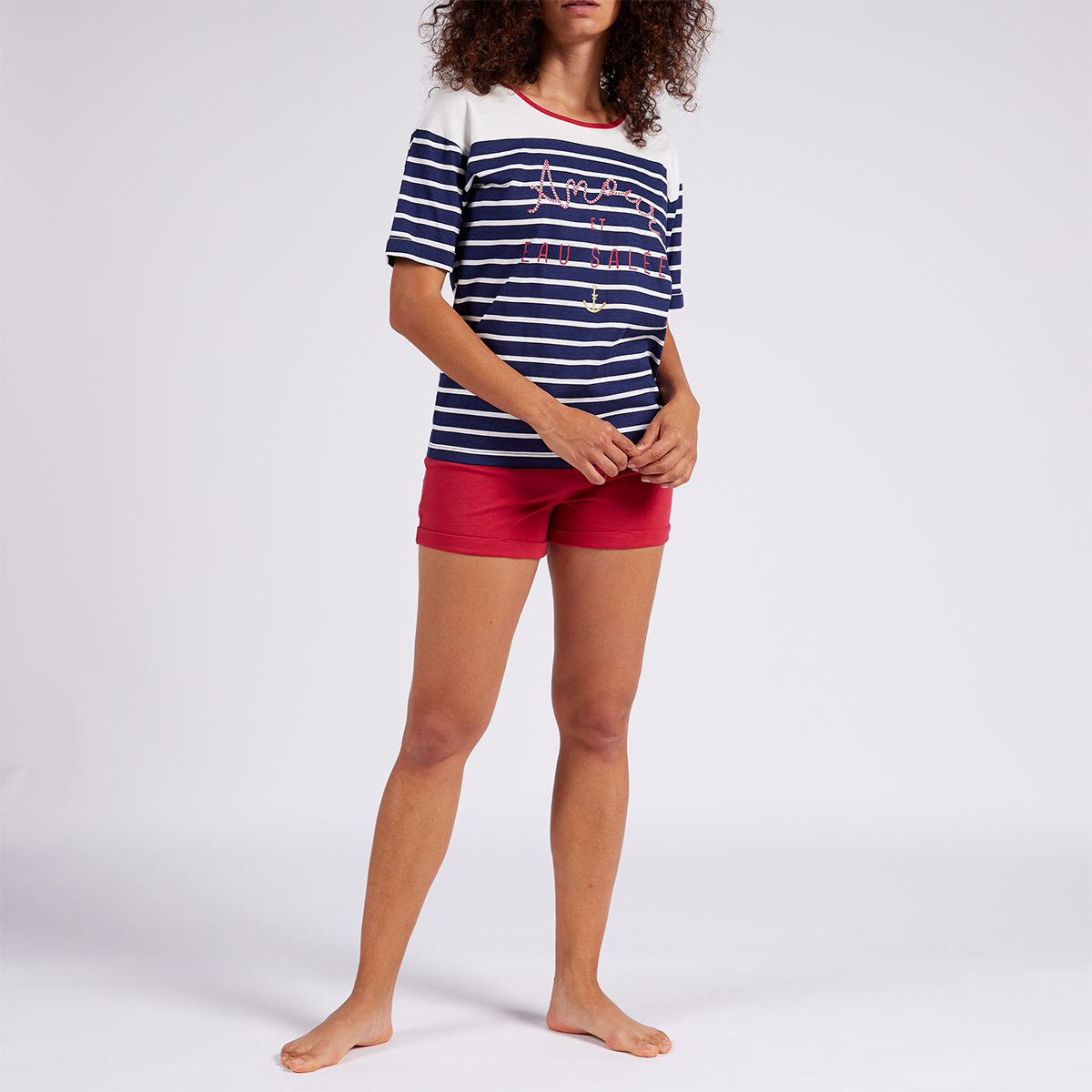 Pyjashort femme EAU SALEE marine/rouge