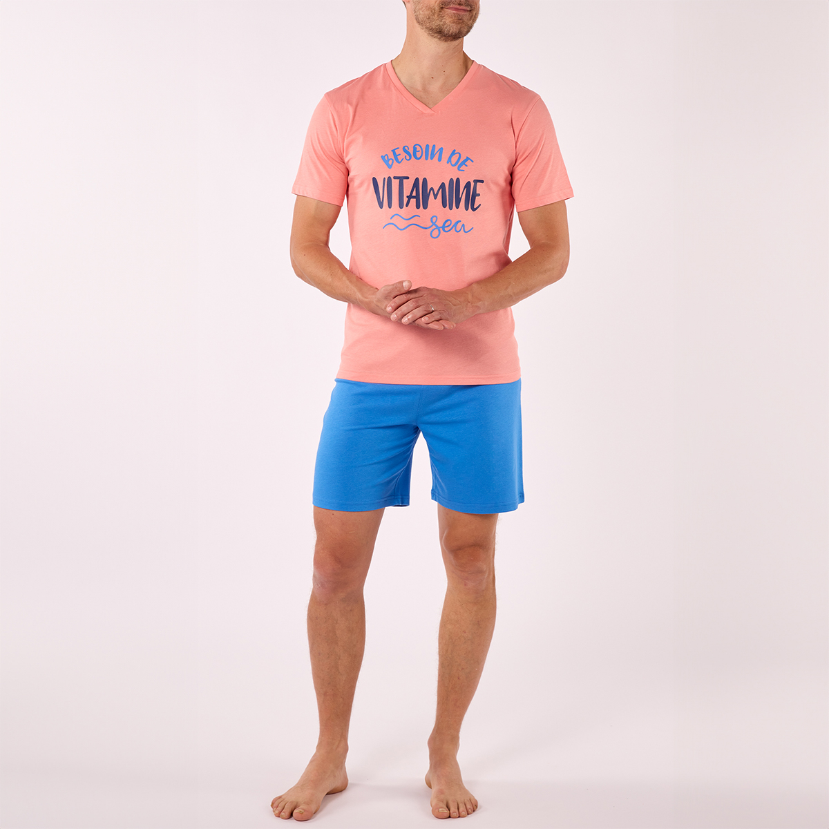 Pyjashort homme ETE corail/bleu