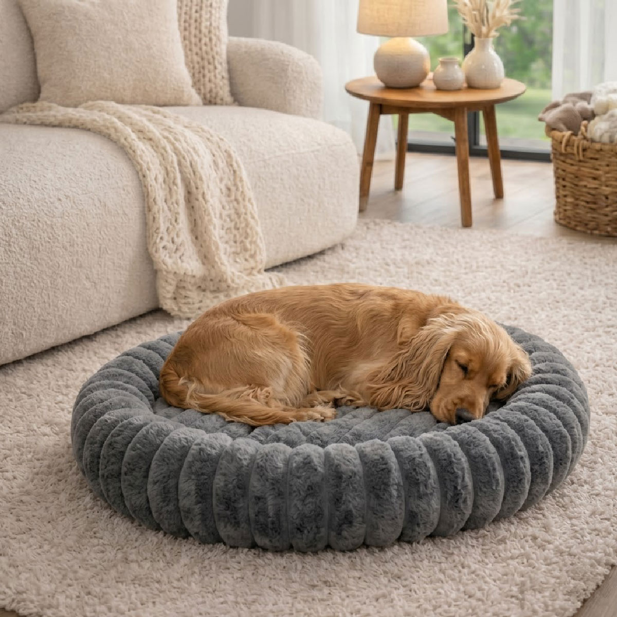 Panier chien et chat moelleux rond - Gris
