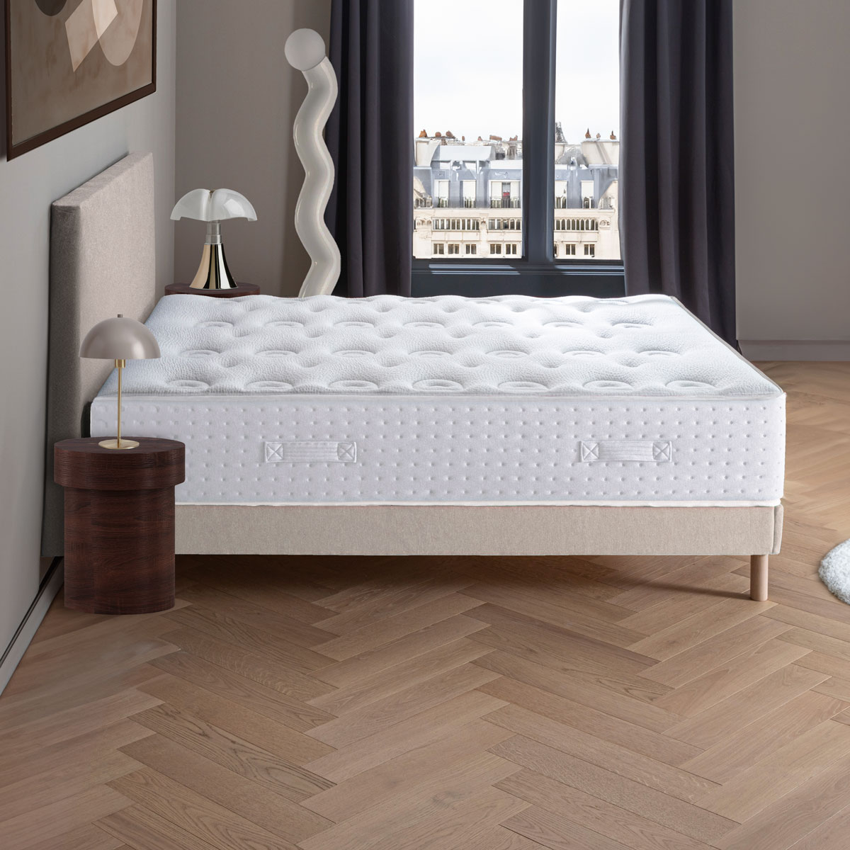 Ensemble - Matelas mi-ferme + sommier + Tête de lit Blanc/Beige LE VERITABLE