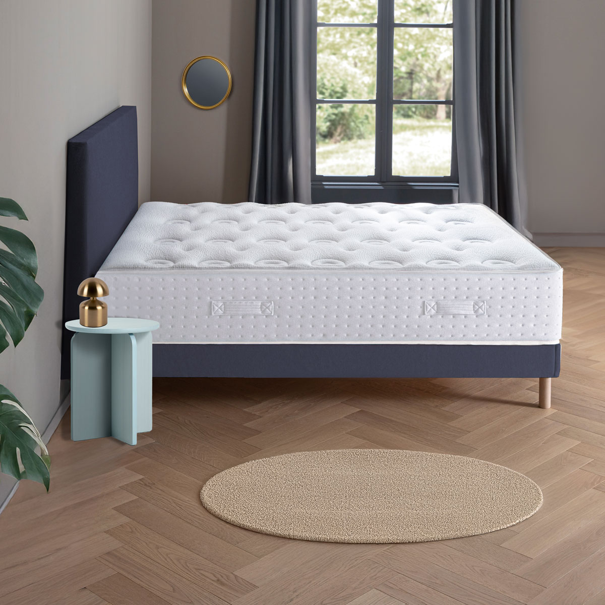 Ensemble - Matelas mi-ferme + sommier + Tête de lit Blanc/Bleu LE VERITABLE