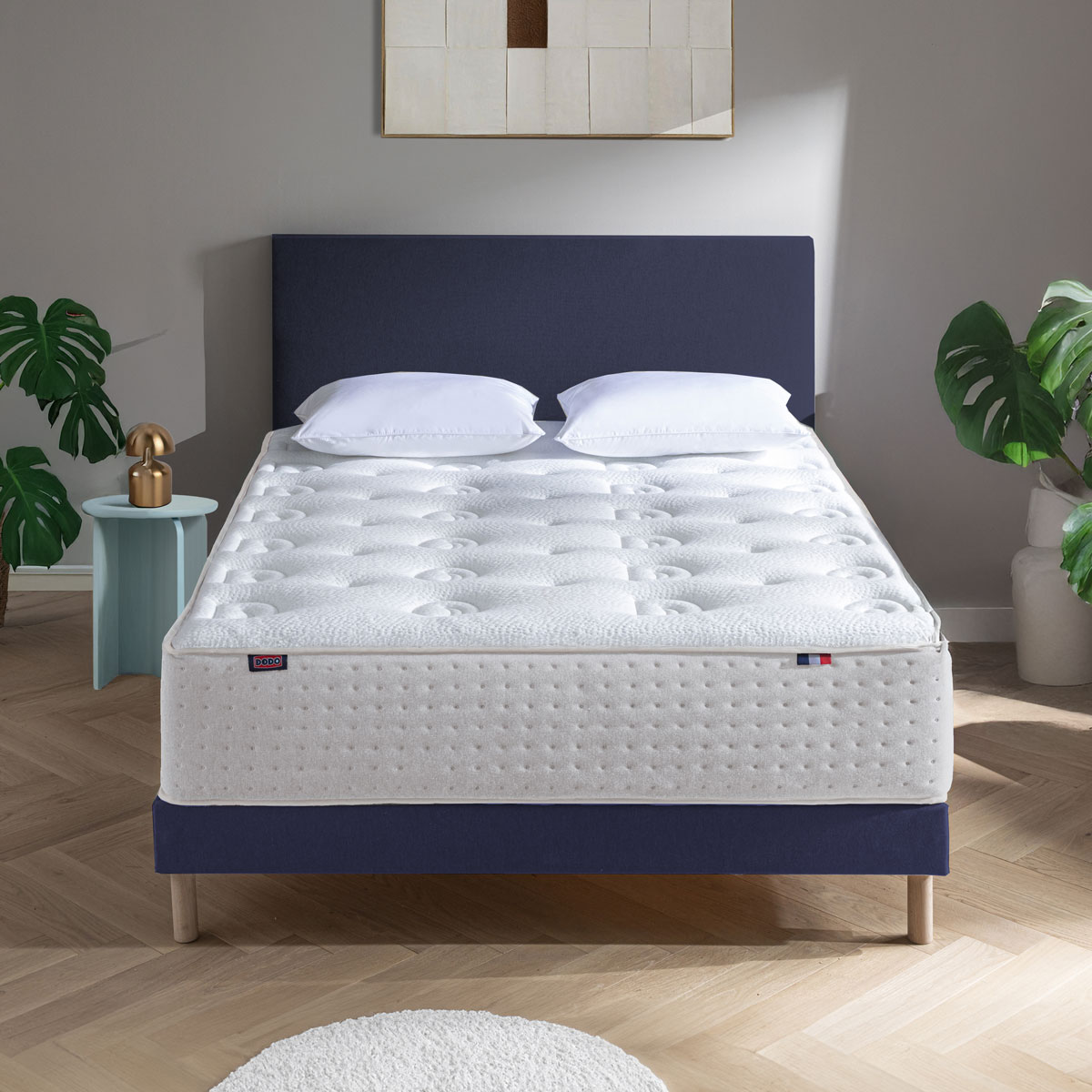 Ensemble - Matelas mi-ferme + sommier Blanc/Bleu LE VERITABLE