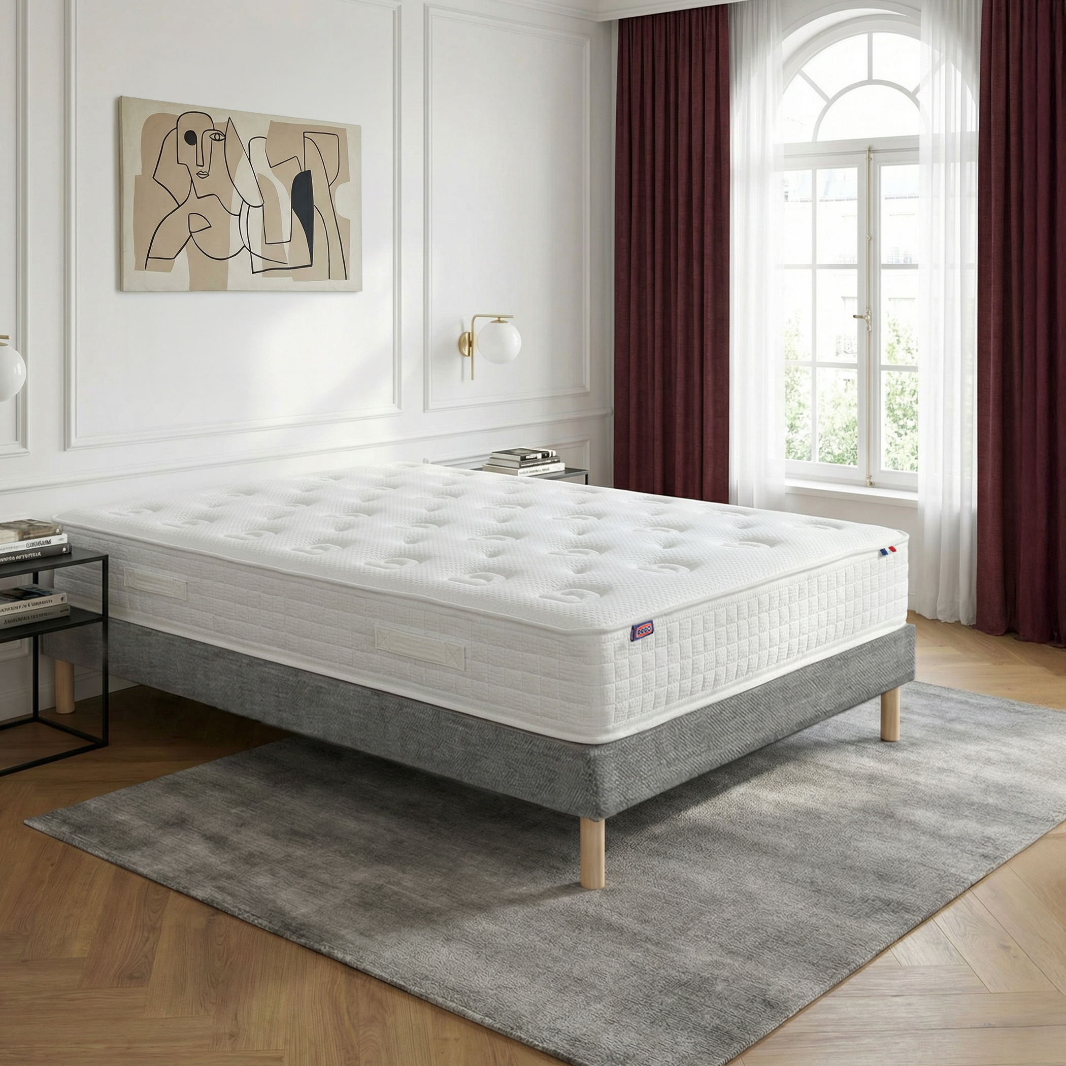 Ensemble lit - Matelas + sommier + tête de lit - Gris PLÉNITUDE