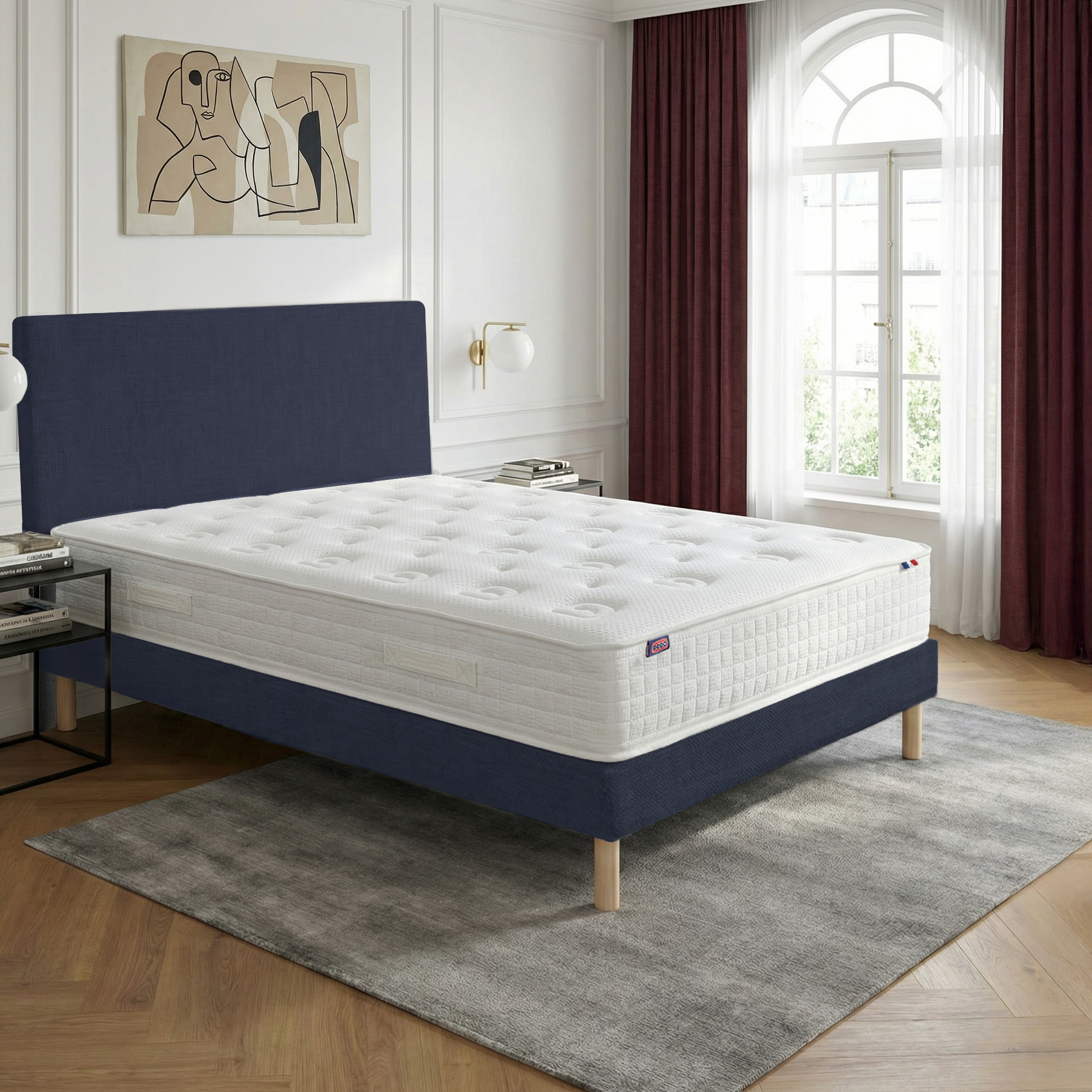 Ensemble lit - Matelas + sommier + tête de lit - Bleu PLÉNITUDE