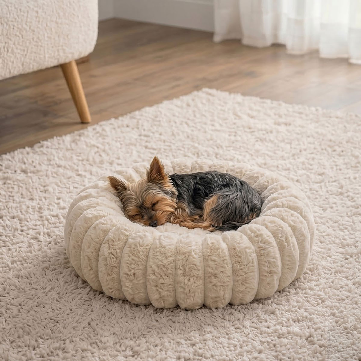 Panier chien et chat moelleux rond - Ecru