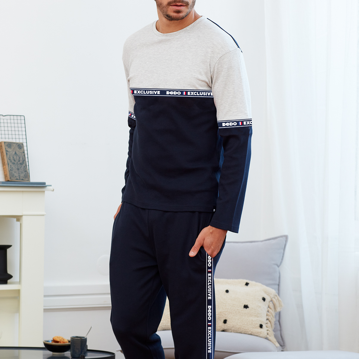 Pyjama long homme DET gris chiné / marine